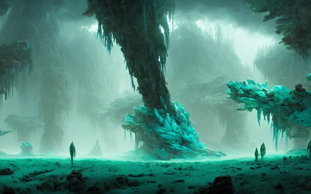 Prompt: a beautiful highly detailed epic matte painting of an alien planet with crystals made of jade in a desolate forest with teal colors by Jose Daniel Cabrera Pena and Leonid Kozienko and Ruan Jia, concept art