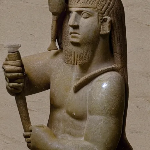 Prompt: Urartian poterie à l'engobe, representing Ur-Enkidu wielding his sacred mace, 2000 B.C, Musée du Louvre catalogue photography