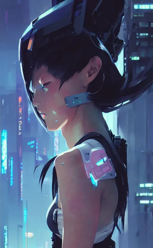 Image similar to cyberpunk anime girl mech, cyberpunk accessory, side view, 3 / 4 shot, street night, beautiful face, grafity, arcane, detail, good face, pose model, concept art, in style of yoji shinkawa, pan ren wei, col price, atey ghailan, by greg rutkowski, aesthetic, digital painting, 3 d