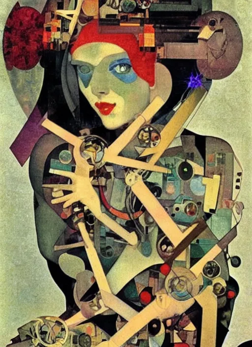 Image similar to cute punk goth fashion fractal alien martian girl wearing kimono made of circuits and leds, surreal Dada collage by Man Ray Kurt Schwitters Hannah Höch Alphonse Mucha