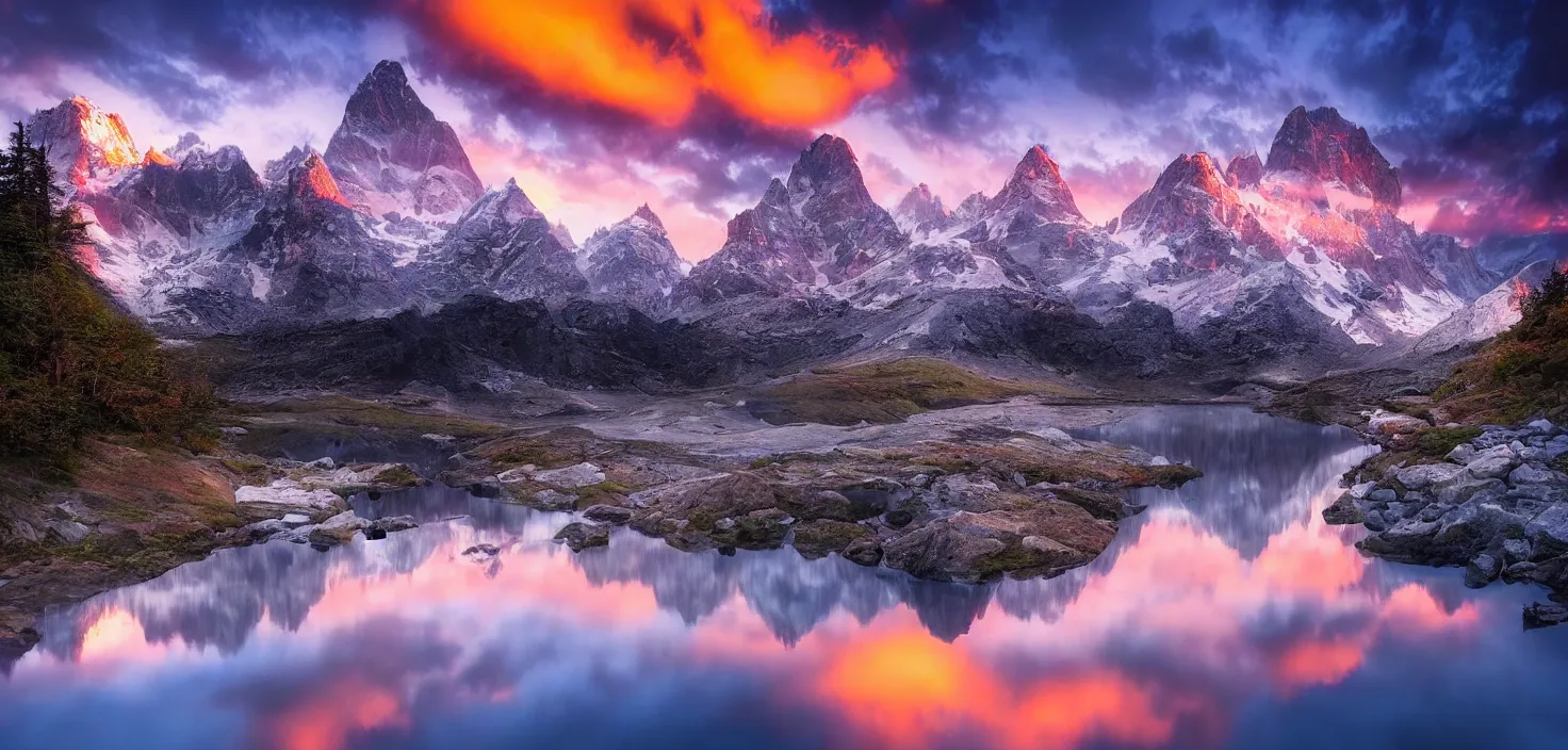 Image similar to amazing landscape photo of mountains with lake in sunset by marc adamus, beautiful dramatic lighting