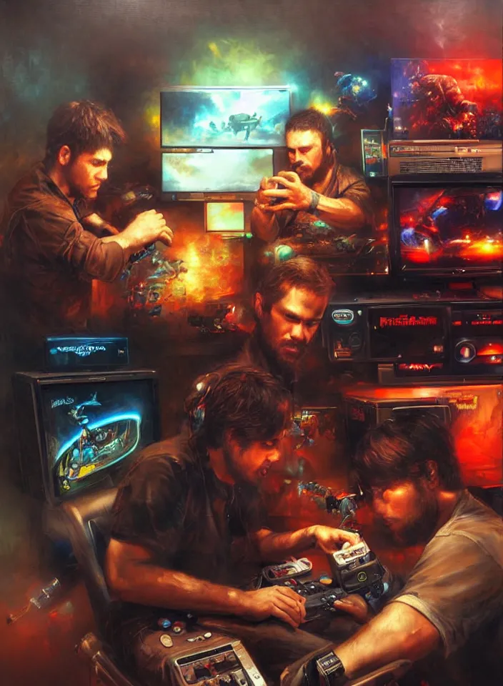 Image similar to Portrait of men playing video games on CRT television using Atari joysticks. Painting by Raymond Swanland. Intricate details. hyper realism. Masterpiece.