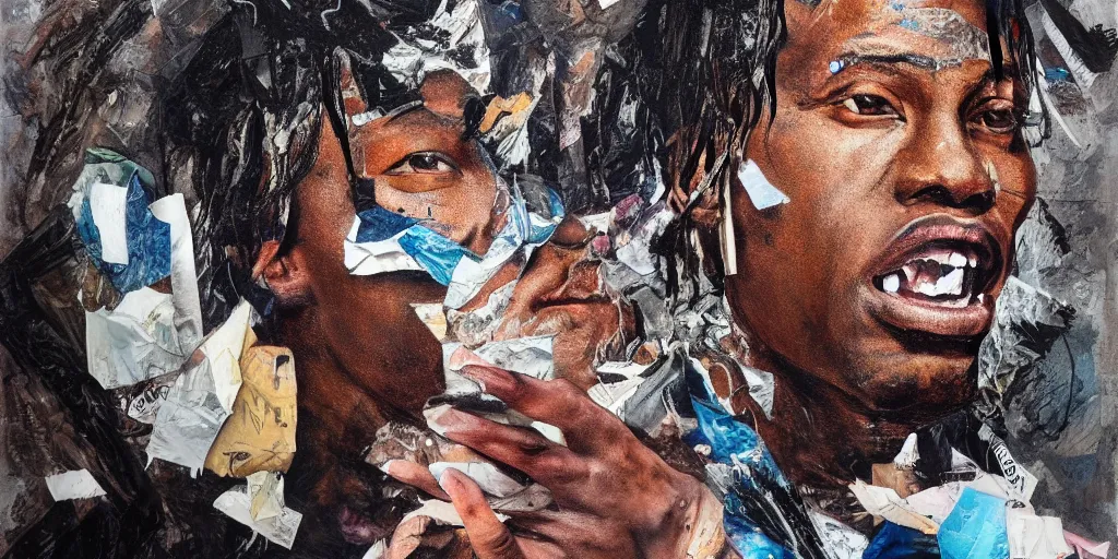 Image similar to rendered in blender travis scott with a trash bag on his head, collage paper and tape, acrylic on canvas, hyperrealism mixed with expressionism, high resolution, cinematic, unreal 6, breathtaking detailed, by blake neubert