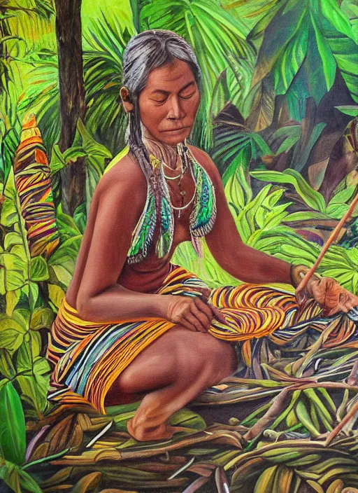 Image similar to a beautiful painting of an indigenous female doing crafting of a beautiful fabric in the jungle, realistic, ayahuasca