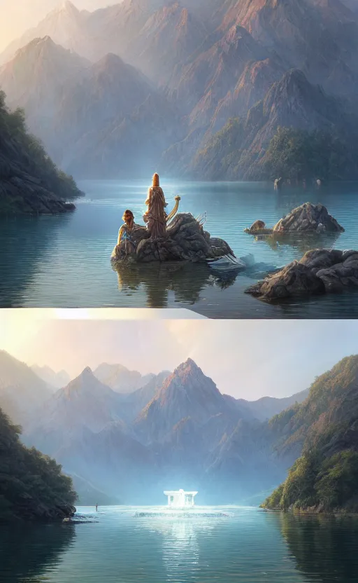 Image similar to lake godness, highly detailed, d & d, water everwhere fantasy, highly detailed, digital painting, trending on artstation, concept art, sharp focus, global illumination, ray tracing, illustration, art by artgerm and greg rutkowski and fuji choko and viktoria gavrilenko and hoang lap