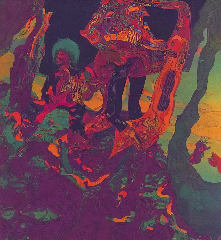 Image similar to jimi hendrix full body, colourful afrofuturist biomorphic scifi opart in background by moebius and roger dean, 8 k