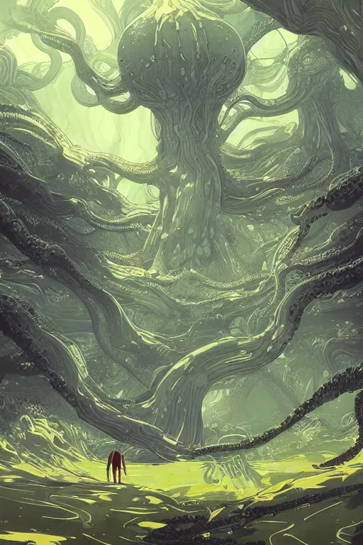 Image similar to concept art painting of an alien world with tentacle trees, artgerm, moebius, inio asano, toon shading, cel shading, calm, tranquil,