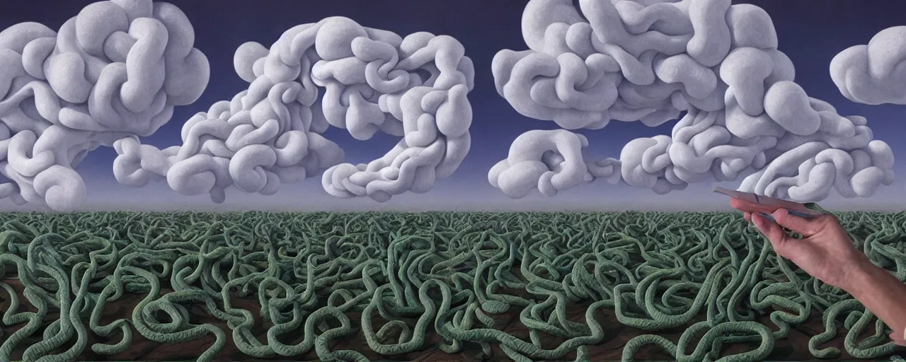 Image similar to a swirling cloud of snake medicine. Painting by René Magritte, 3D rendering by Beeple, sketch by R. Crumb