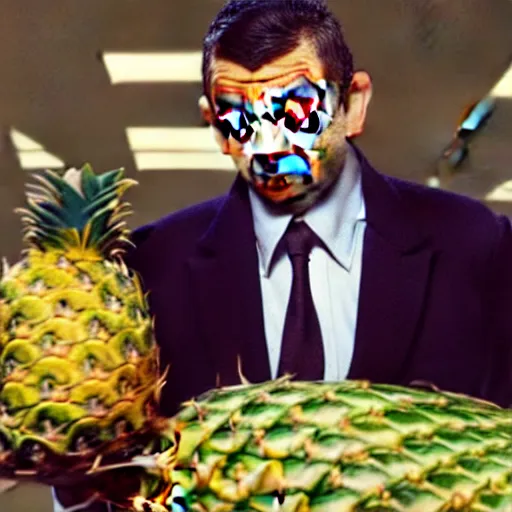 Prompt: rowan atkinson as mr. beans stealing a pineapple from a target store, johnny english, black adder, focused face, realistic photo, uhd