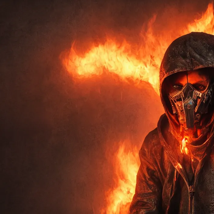 Image similar to gritty apocalyptic hooded man smiling with burning heart in chest, octane render, 4 k ultra hd, hyper - detailed, seedy lighting, sharp focus, fantasy dark art
