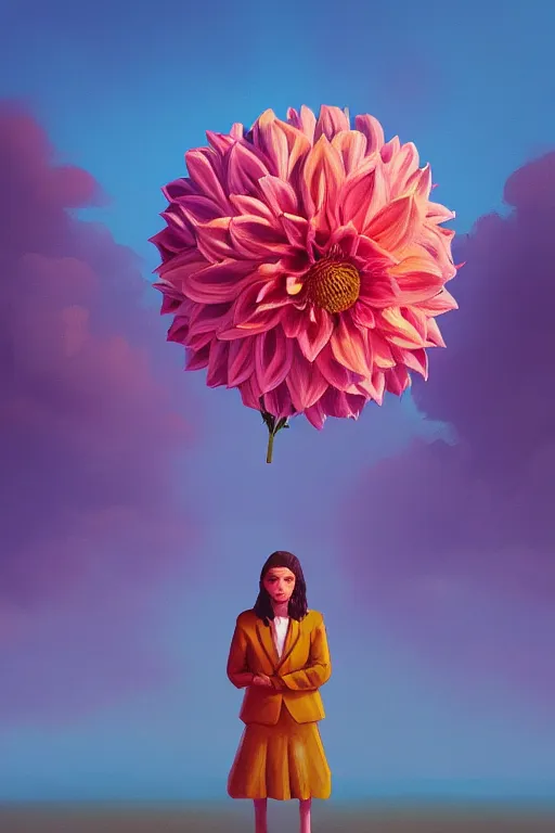 Image similar to portrait giant dahlia flower head, frontal, girl in a suit, standing in street, surreal photography, sunrise, dramatic light, impressionist painting, digital painting, artstation, simon stalenhag