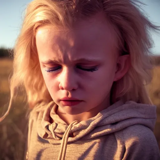 Image similar to Midsommar cult portrait of child with blond hair crying under harsh sunlight cinematic lighting film still