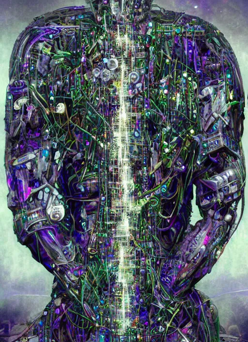 Image similar to a spiritually awakened humanoid cyborg wants to help humans free themselves from the chains of mental slavery and authoritarian politicians, surreal technological conceptual art magical cybernetic realism horror visions distopic and utopic art and the same time