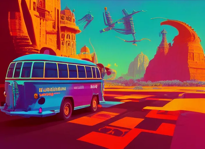 Image similar to a luminescent colorful indian bus by paolo eleuteri serpieri and tomer hanuka and chesley bonestell and daniel merriam and tomokazu matsuyama, unreal engine, high resolution render, featured on artstation, octane, 8 k, highly intricate details, vivid colors, vector illustration