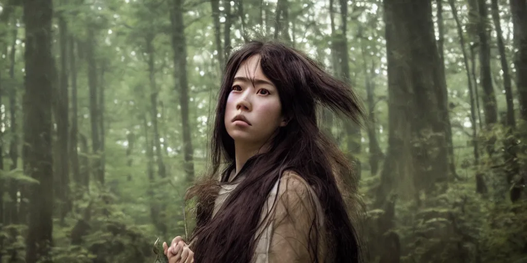 Prompt: portrait bust of woman, komorebi forest background, long brown hair, cloth, princess mononoke, 4 k, greg rutkowski, high detail, dramatic lighting, sunset, hayao miyazaki, masashi ando, nizou yamamoto, kazuo oga, joe hisaishi, yoji takeshige, naoya tanaka