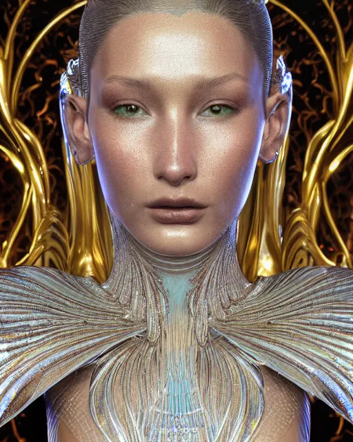 Prompt: a highly detailed metahuman 4 k close up render of an alien goddess bella hadid nymph in iris van herpen dress schiaparelli in diamonds crystals swarovski and jewelry iridescent in style of alphonse mucha gustav klimt trending on artstation made in unreal engine 4