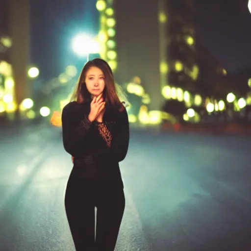 Prompt: photograph of a beautiful young woman in a city at night with bokeh, lens flare, out of focus light sources