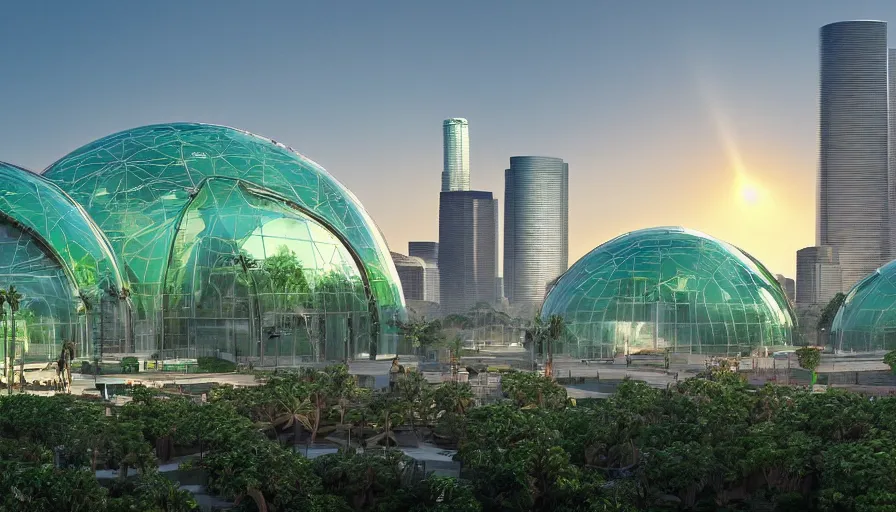 Prompt: giant green glass domes in los angeles with humongous futuristic glass building built very far away, parks and lake, sunrise, hyperdetailed, artstation, cgsociety, 8 k