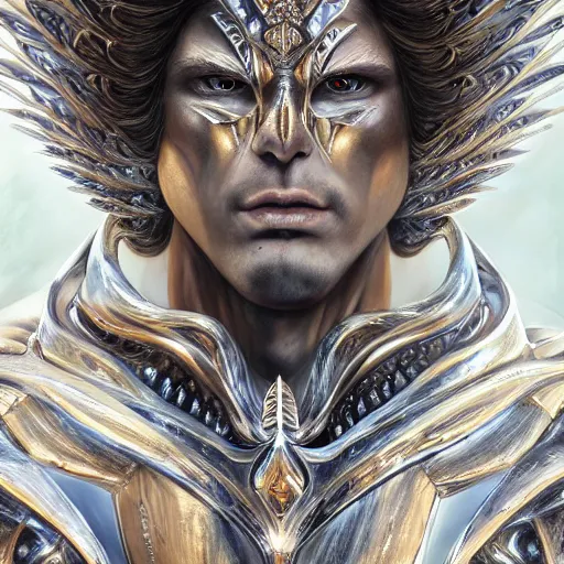 Image similar to a beautiful muscular symmetrical male angel wearing a silver armor with golden ornaments and diamonds jewelry by alex gray and android jones, karol bak, ayami kojima, amano, concept art, character design, fantasy, 3 d, 8 k resolution