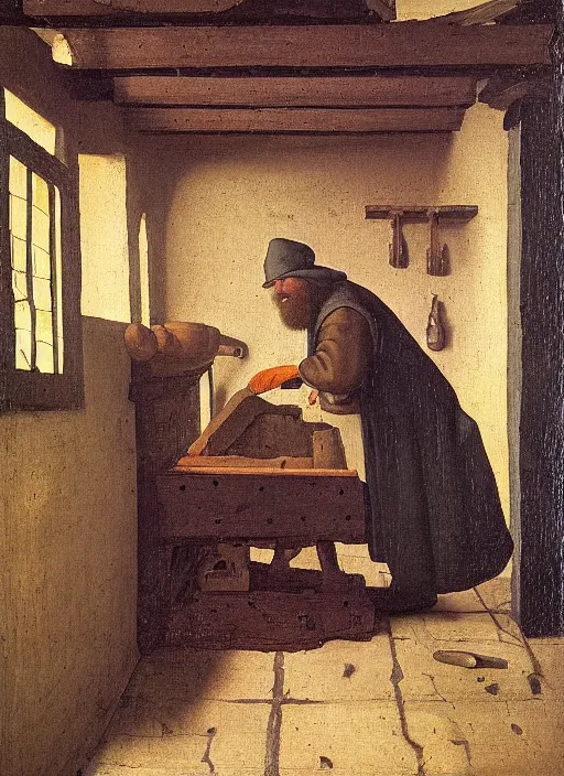 Image similar to A bald blacksmith, with a long dark beard in a forge, medieval forge, medieval painting by Jan van Eyck, Johannes Vermeer, Florence