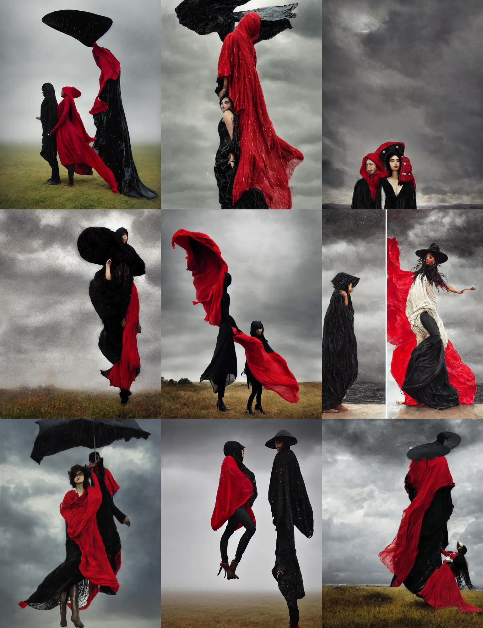 Prompt: portrait of couple fashionable young african iranian asian girl wearing hat and black and red and white gold boho poncho standing on extremely strong wind in elegant decollete, sculpture, fog and rain, dynamic pose, standing silhouette against the sun, thunder clouds in the sky, nature, illustration, intimidating lighting, john william waterhouse and Denis Sarazhin and klimt and rhads, incredible art by artgerm and greg rutkowski and kerembeyt and simon stalenhag paul delaroche, alphonse mucha and arnold böcklin arnold böcklin