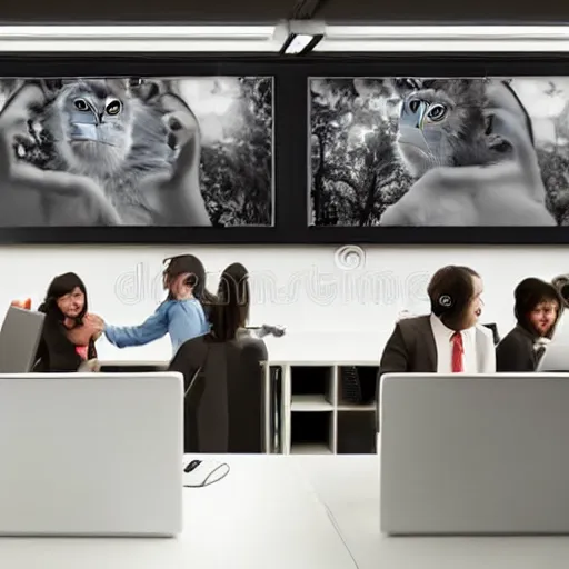 Image similar to 2 5 monkeys using computers, in a well lit office, happy monkey faces, ( ( modern paintings on the walls ) ), photorealistic, studio lighting, stock photo, a real buzz, very busy office, telephones ringing and people chatting