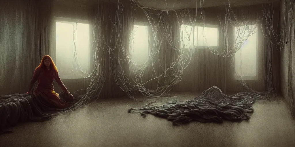 Image similar to rgb, glowing, depression!!!!!, maximalist interior, woman, cinematic, movie scene, inspired by zdzislaw beksinski, clothes made out of veins,, cables everywhere, bedroom, ultra realistic, concept art, intricate details, highly detailed, photorealistic, octane render, 8 k