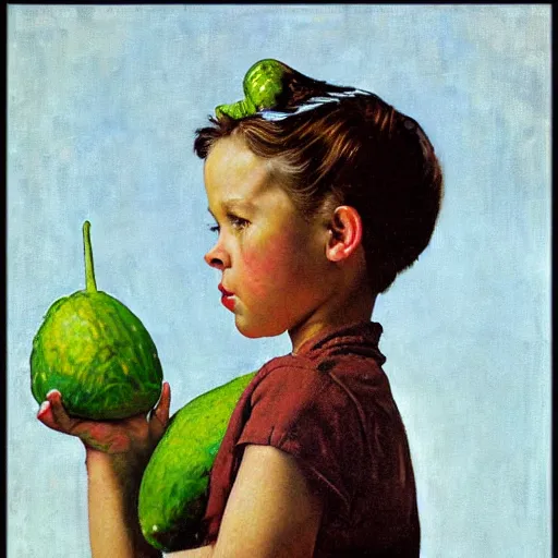 Image similar to Front portrait of Super-avocado-girl! A painting by Norman Rockwell.