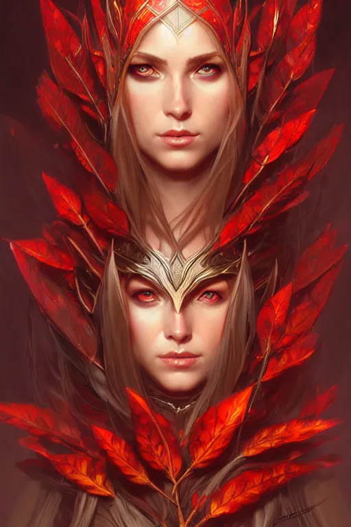 Image similar to female elven hunter armor made of red leaves, fantasy, amber eyes, face, long hair, intricate, elegant, highly detailed, digital painting, artstation, concept art, smooth, sharp focus, illustration, art by artgerm and greg rutkowski and alphonse mucha