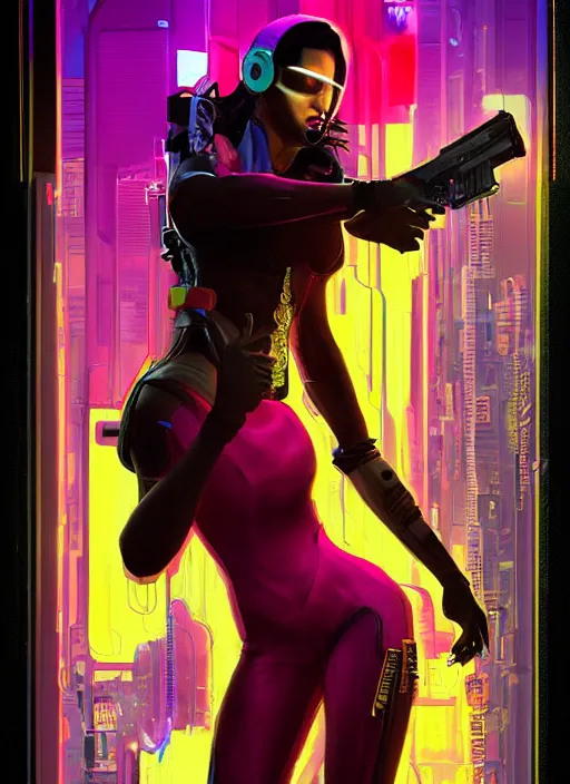 Image similar to beautiful cyberpunk female athlete wearing pink jumpsuit and yellow jacket. firing a futuristic red automatic pistol with huge magazine. ad for pistol. cyberpunk poster by james gurney, azamat khairov, and alphonso mucha. artstationhq. gorgeous face. painting with vivid color, cell shading. ( rb 6 s, cyberpunk 2 0 7 7 )