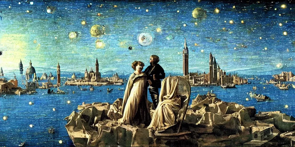 Image similar to scene from cosmologica a scifi movie by luchino visconti with mastroianni leaving the medieval cosmos to enter new universe. venice in the background. blue sky with a lot of stars and planets in the style of ( ( ( renaissance cosmological painting ) ) ). cinematic, technicolor, photorealistic, direct lighting, highly intricate, extremely realistic.