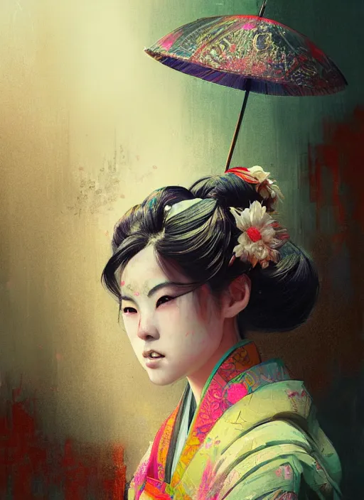 Prompt: female geisha girl, beautiful face, colourful, rule of thirds, intricate outfit, spotlight, by greg rutkowski, by jeremy mann, digital painting