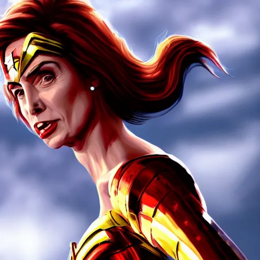 Image similar to Nancy Pelosi as Wonder Woman, digital art, cgsociety, artstation, trending, masterpiece