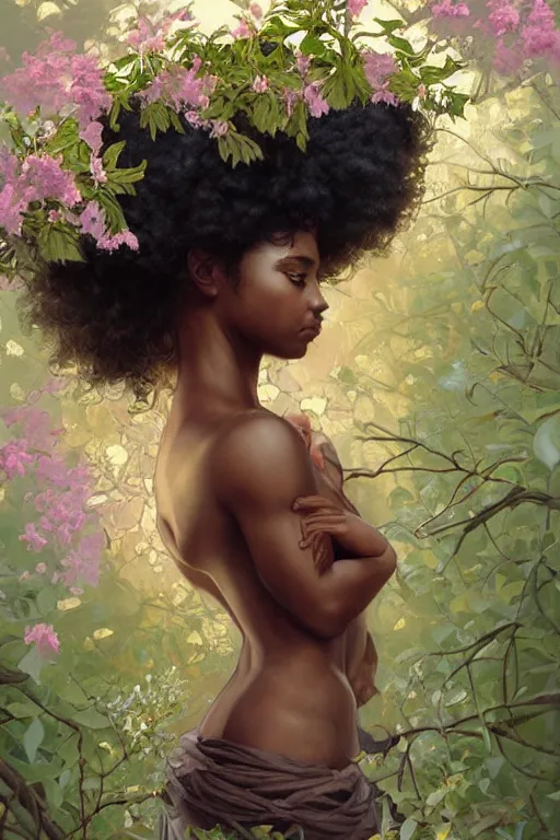 Image similar to ultra realistic illustration, black american girl with flowers blossoming from her afro, body covered in leaves, beautiful, elegant, highly detailed, digital painting, concept art, smooth, sharp focus, illustration, art by artgerm and greg rutkowski and alphonse mucha