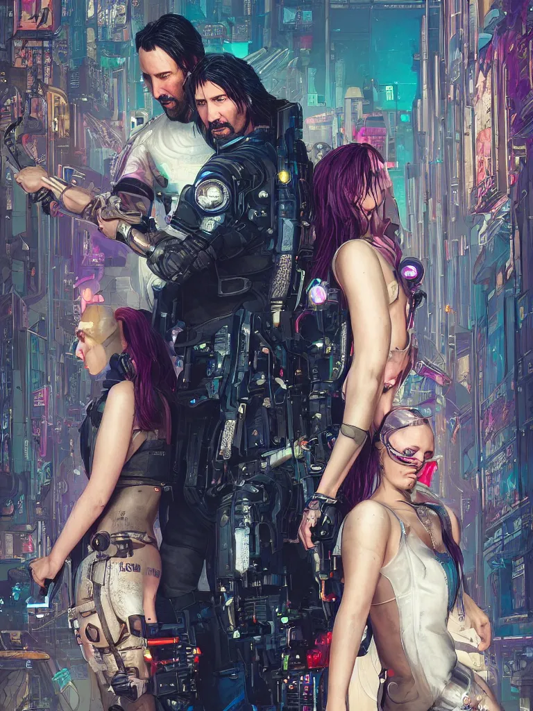 Image similar to a cyberpunk 2077 wedding couple portrait of Keanu Reeves as Johnny Silverhand and V in love story,pray,hug,hold,kiss,film lighting,by Lawrence Alma-Tadema,Andrei Riabovitchev,Laurie Greasley,Dan Mumford, John Wick,Speed,Replicas,artstation,deviantart,FAN ART,full of color,Digital painting,face enhance,highly detailed,8K,octane,golden ratio,cinematic lighting