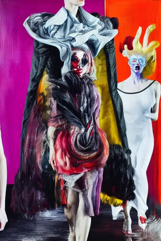 Image similar to crazy fashion catwalk, one model, crazy clothes, hauntingly surreal, highly detailed painting by francis bacon, edward hopper, adrian ghenie, gerhard richter, and james jean soft light 4 k,