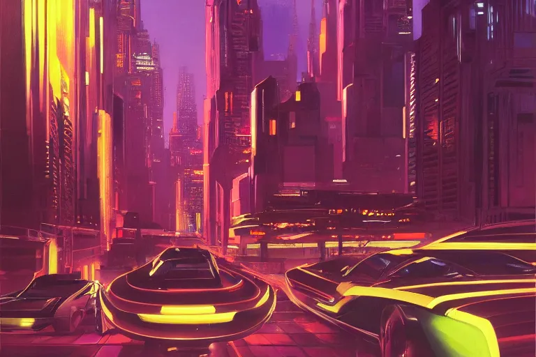 Prompt: neon night in futuristic city, painting by syd mead, highly detailed, soft lighting, 8 k resolution, oil on canvas, architectural magazine, beautiful detailed, insanely intricate details, artstation trending