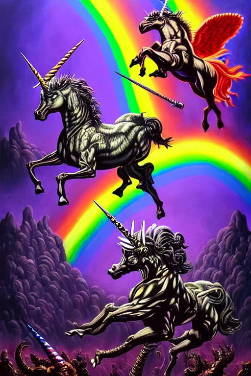 Image similar to a hyperrealistic painting of an epic boss fight against a rainbow shaded unicorn vs an ornate supreme dark overlord, cinematic horror by chris cunningham, lisa frank, richard corben, highly detailed, vivid color,