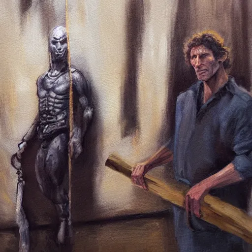 Image similar to todd howard about to be hanged for his crimes, oil painting, tragic, sorrowful.