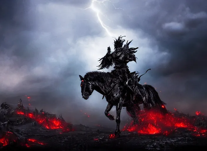 Image similar to a large warrior in full plate of black armor, splattered with blood, riding a large black warhorse, nightmare with red glowing eyes and red glowing mane and tail, blackened clouds cover sky crackling with lightning and rain in the distance, a castle in distance in flames and ruins, the ground is dark and cracked,