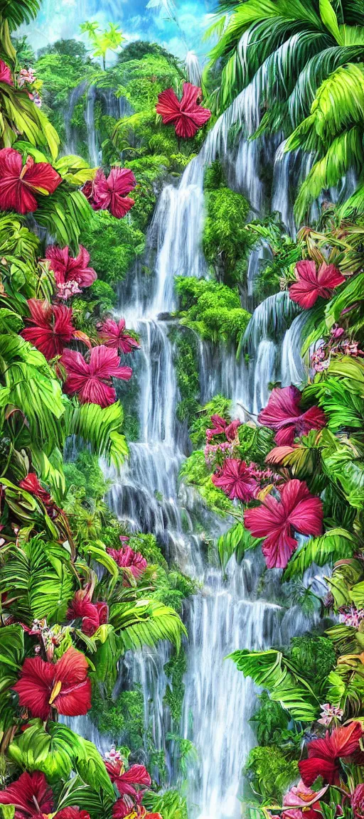 Image similar to cascading concept art of an exotic garden with waterfall and flowers and palm trees, hibiscus, detailed, highly detailed, aesthetic, realistic, hyper realism, colorful, in depth, intricate,