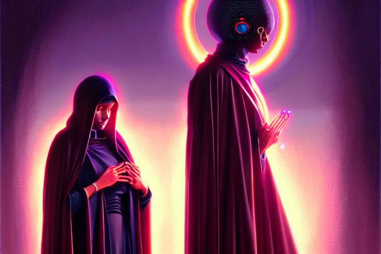 Image similar to patron saint 👩🏾 praying with machine, futuristic long robes clothing, worm hole, neon god of city character portrait, in the style of moebius, wlop, tom bagshaw, and waterhouse, cinematic lighting, beautiful, elegant, oil painting,