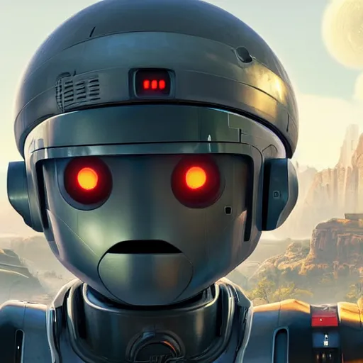 Image similar to friendly robot in front of a clean white sci-fi dome in a pleasant urban setting, peaceful, majestic, a sense of hope, in style of apex legends, art station, ultra hd, soft light, overhead sun, ultra hd, art station