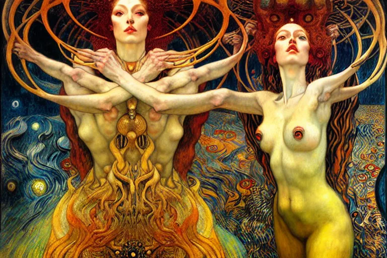 Image similar to Divine Chaos Engine by Karol Bak, Jean Delville, William Blake, Gustav Klimt, and Vincent Van Gogh, symbolist, visionary