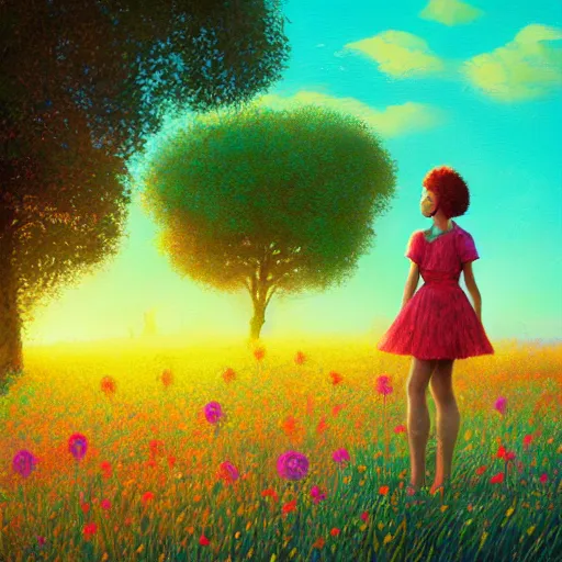 Prompt: girl with flower afro, standing in a field with flowers, hills, big trees, sunrise dramatic light, impressionist painting, colorful clouds, digital painting, pointillism, artstation, simon stalenhag