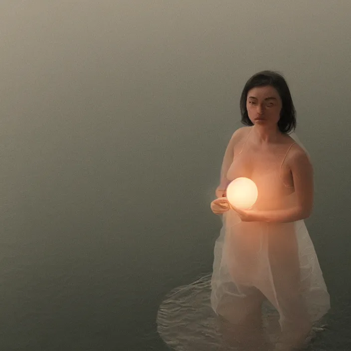 Prompt: a closeup portrait of a woman wrapped in plastic, standing next to a levitating luminescent orb, in a foggy lake, color photograph, by vincent desiderio, canon eos c 3 0 0, ƒ 1. 8, 3 5 mm, 8 k, medium - format print