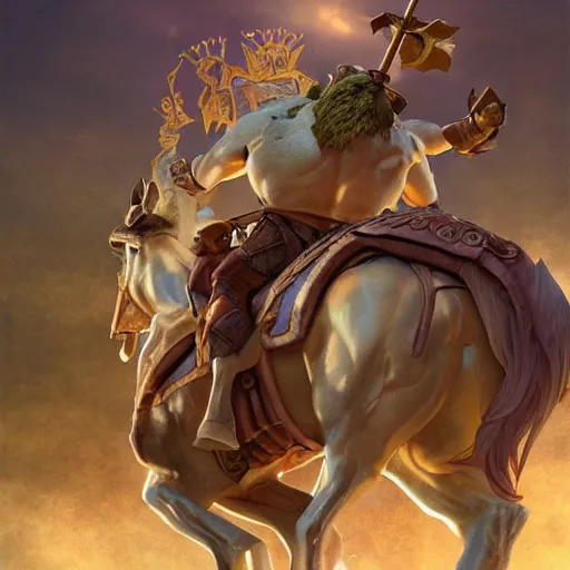 Prompt: shrek bare chested as a glorious devout shining powerful epic amazing awesome very handsome attractive muscular stylish knight in shining golden armor riding donkey, fantasy art, highly detailed, photorealistic, octane render, 8 k, unreal engine, art by artgerm and greg rutkowski and alphonse mucha