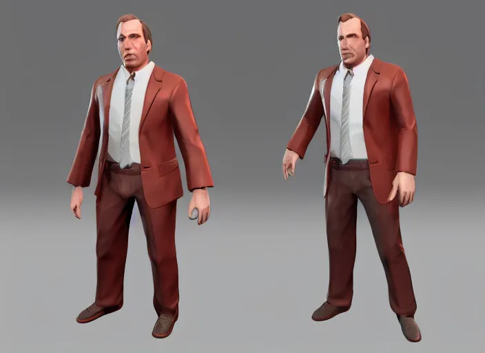 Image similar to 3 d model of saul goodman character in fighting game, stylized 3 d graphics, hdr, ultra graphics, ray tracing, 4 k image