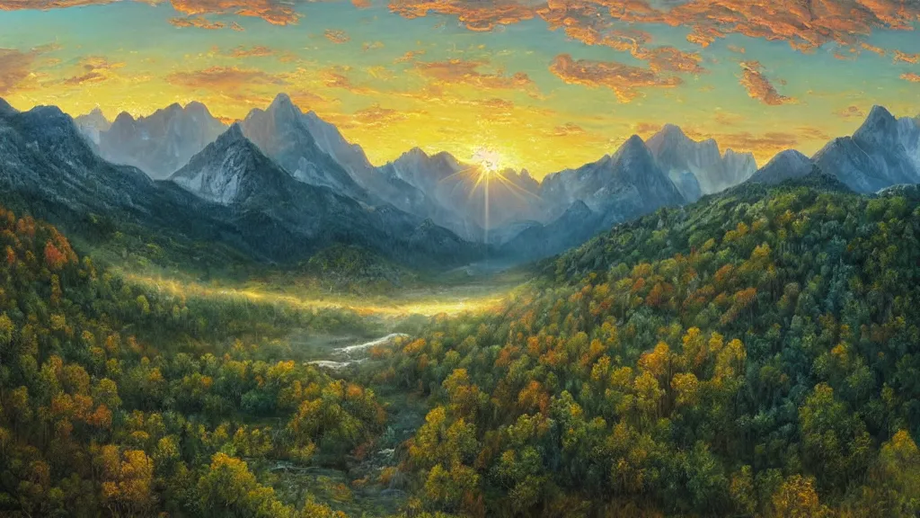 Image similar to The most beautiful panoramic landscape, oil painting, where the mountains are towering over the valley below their peaks shrouded in mist, the sun is just peeking over the horizon producing an awesome flare and the sky is ablaze with warm colors and stratus clouds. A giant dreamy waterfall creates a river, it is winding its way through the valley and the trees are starting to bloom in a great variety of colors, by Greg Rutkowski, aerial view