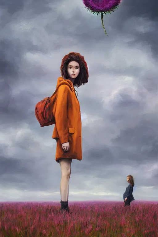 Prompt: portrait, enormous thistle flower under head, a girl in a coat in field, surreal photography, wind, cloudy sky, dramatic light, impressionist painting, digital painting, artstation, simon stalenhag